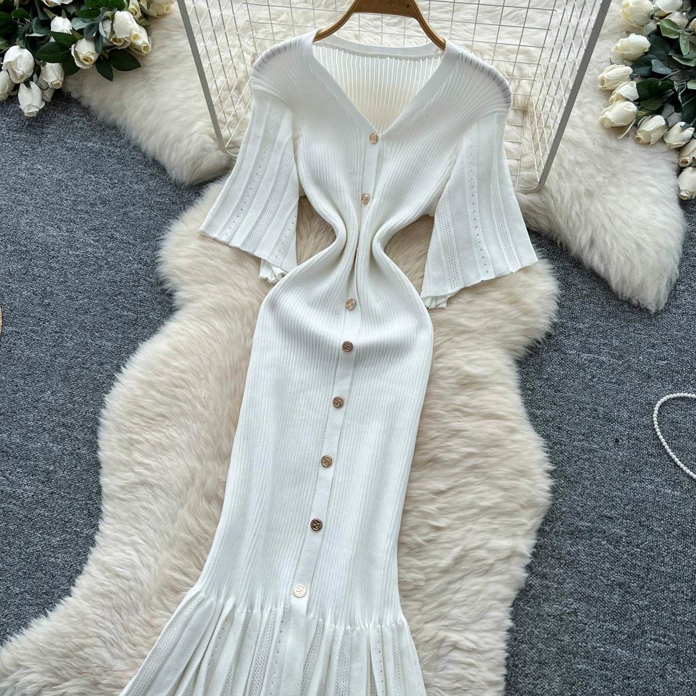 Sommer Damer Elegant V-hals Enkeltspent Strikket Futteral Genser Lang Maxi Fishtail Kjoler