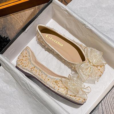 Mode süße Spitze Schleife Ballerinas Damen Designer Perle Schleife flache Schuhe Kristall Perlen Slip-On Loafers Damen Partyschuhe große Größe 43