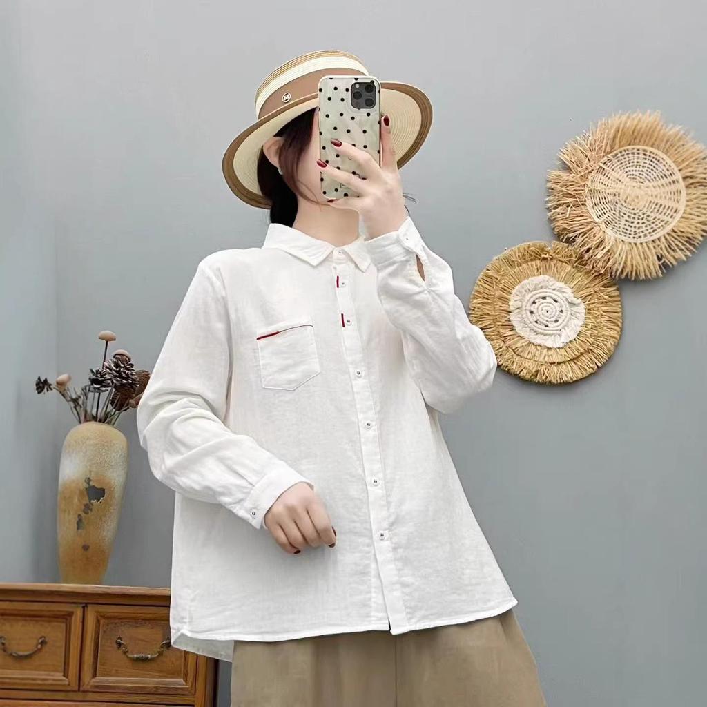 2026 Spring Artistic Long Sleeve Double Layer Cotton Gauze Shirt - Women's Loose, Slimming, Solid Color Top