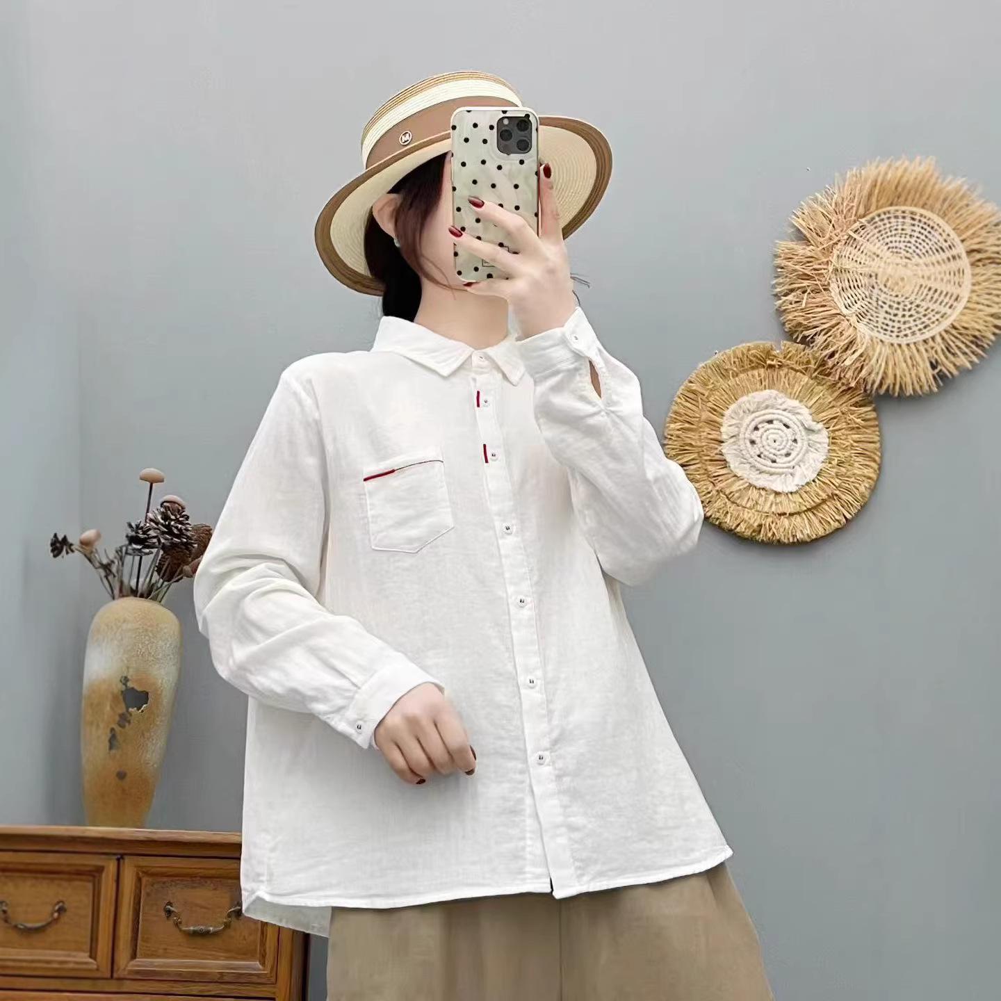 2026 Spring Artistic Long Sleeve Double Layer Cotton Gauze Shirt - Women s Loose, Slimming, Solid Color Top M белый