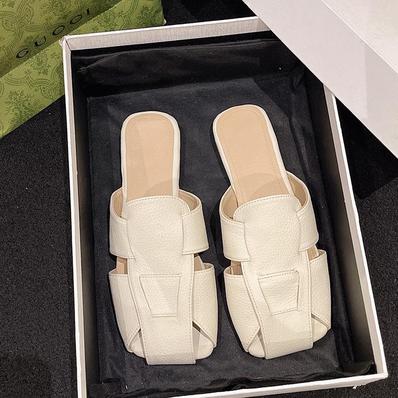 

French retro woven hollow sandals women s summer outer wear bag head sandals half-mop beige flat-bottomed muller shoes slippers 35 бежевый