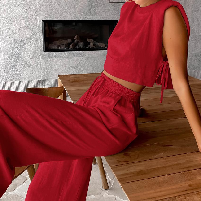 Fashion Cotton Linen Suit Women's Summer Shoulder Pads Sleeveless Top Trousers Two-piece Set