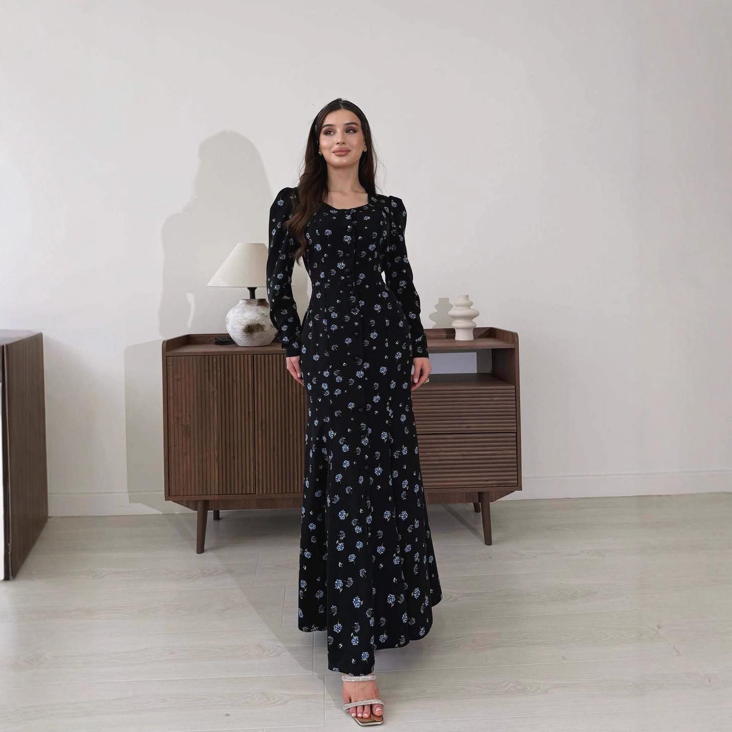 

2025 Autumn Women s Retro Elegant Dress: European & American Style, Square Neck, Waist-Cinching, Casual Printed Design XXL чорний/кульбабий