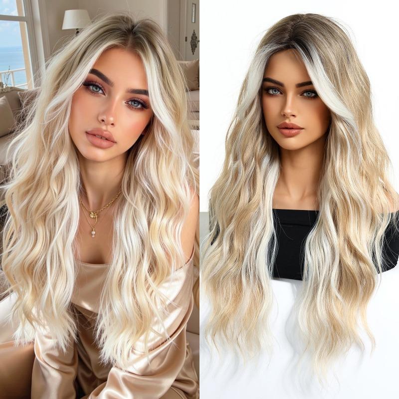 Hot-selling gradual change blond wig long curly hair chemical fiber hair high temperature silk female full headgear wigs factory spot