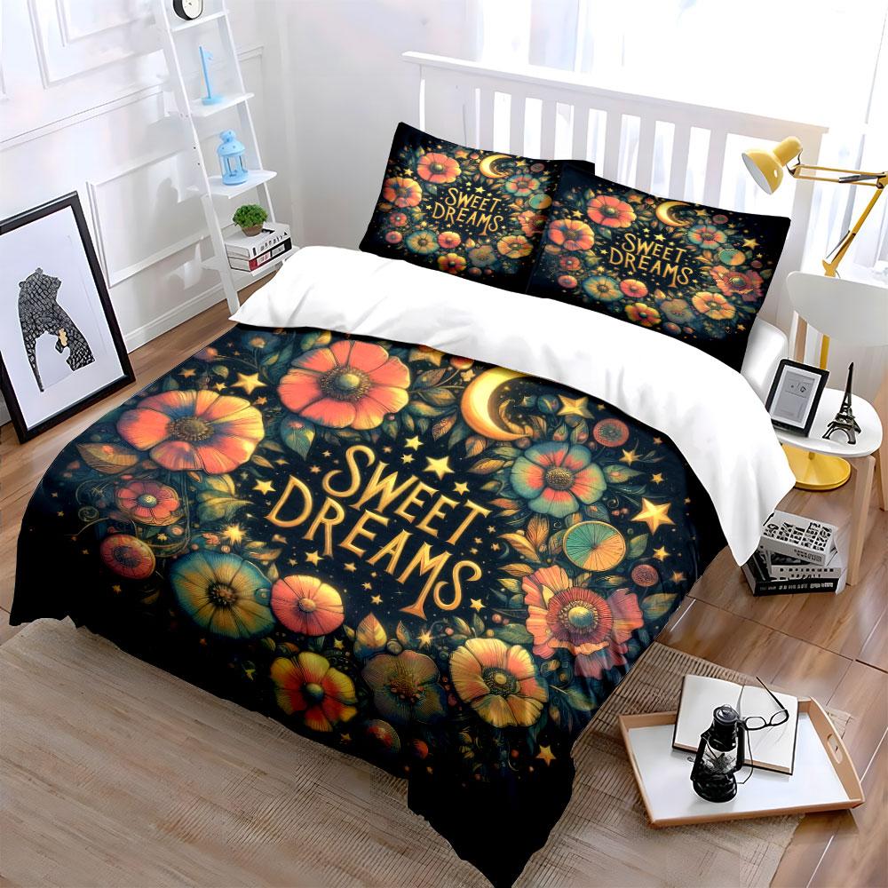 "Floral Moon Night Decor Set" Bedding Set with 1 Duvet Cover 2 Pillowcases Single Double King Queen, Gift