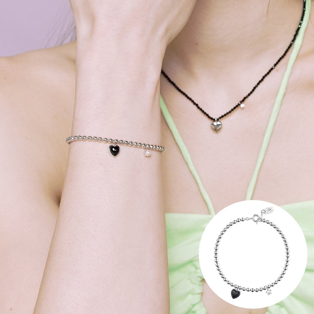 [Rosemont] Silver Black Heart Bracelet Rc24B10J