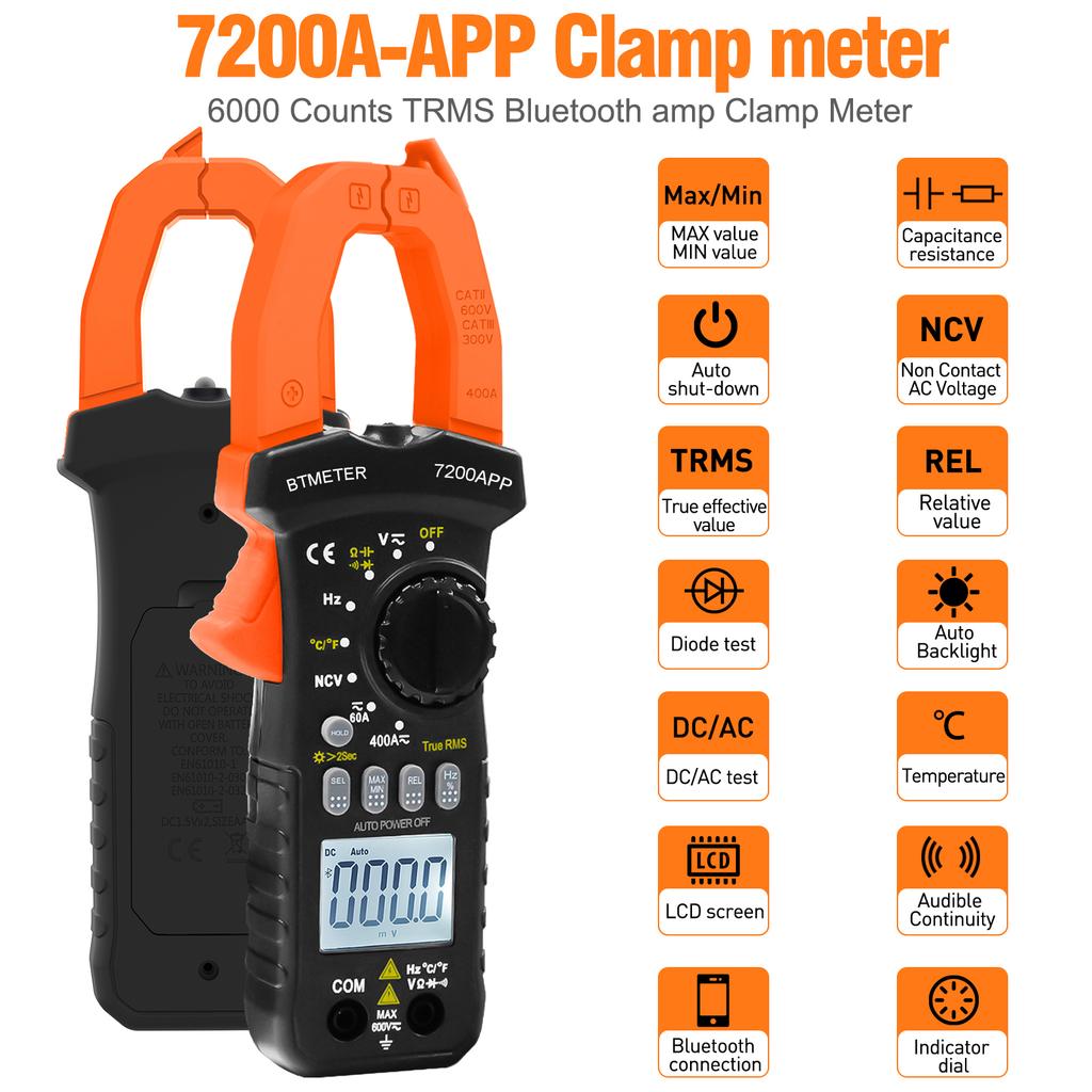 Bluetooth Clamp Multimeter, 7200APP Voltage & Capacitance Tester, 6000 Counts True RMS Multimeter, Auto-Ranging Ohmmeter
