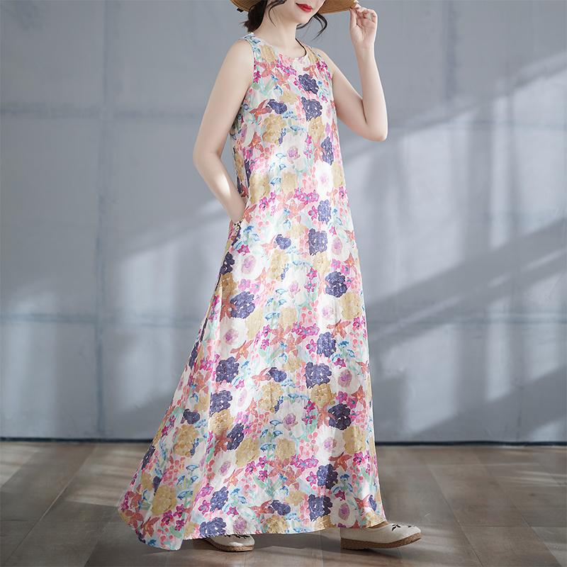 DIMANAF 2025 Women Summer Dress Ladies Basic Long Linen Flower Dress 8135