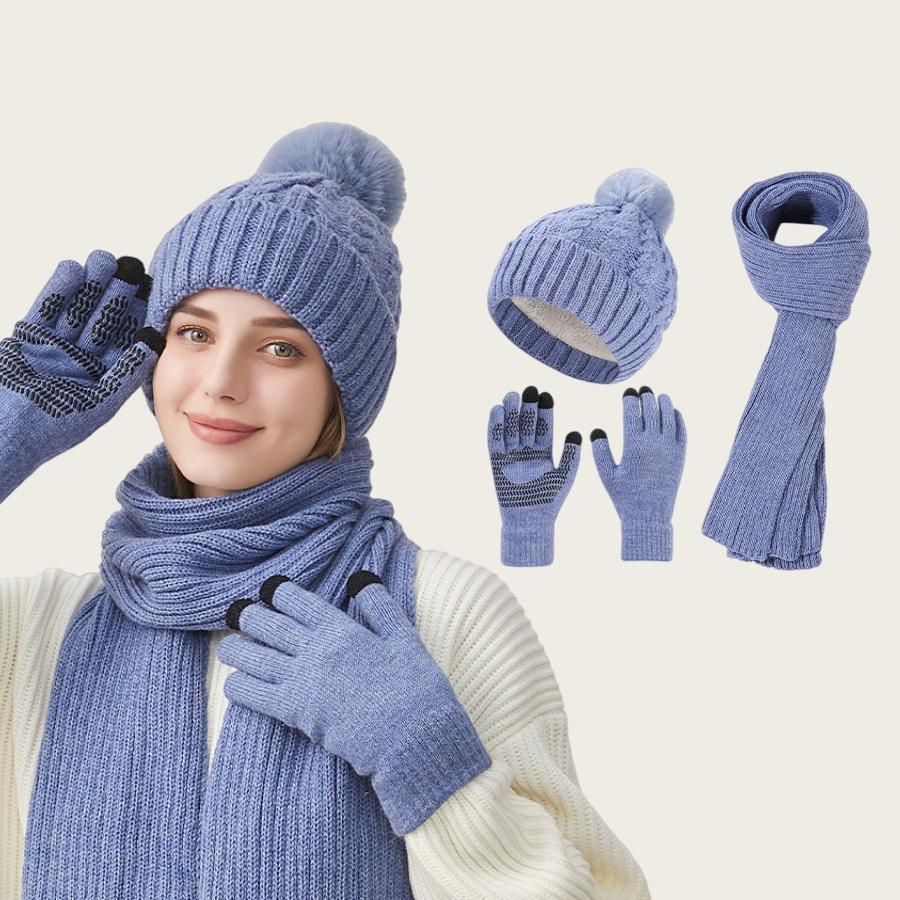 

Knitted Hat Scarf Gloves Women s Winter Thick Ear-Warming Hat and Neck Warmer Set 3Pcs One Size
