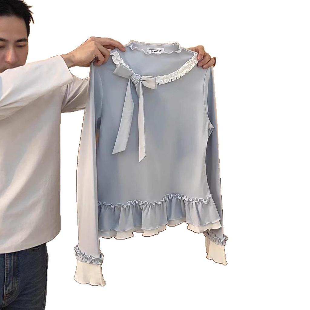 Haut rétro DeRong à col montant pour femme avec ourlet à volants, design effet deux-pièces, manches longues et nœud 3D.