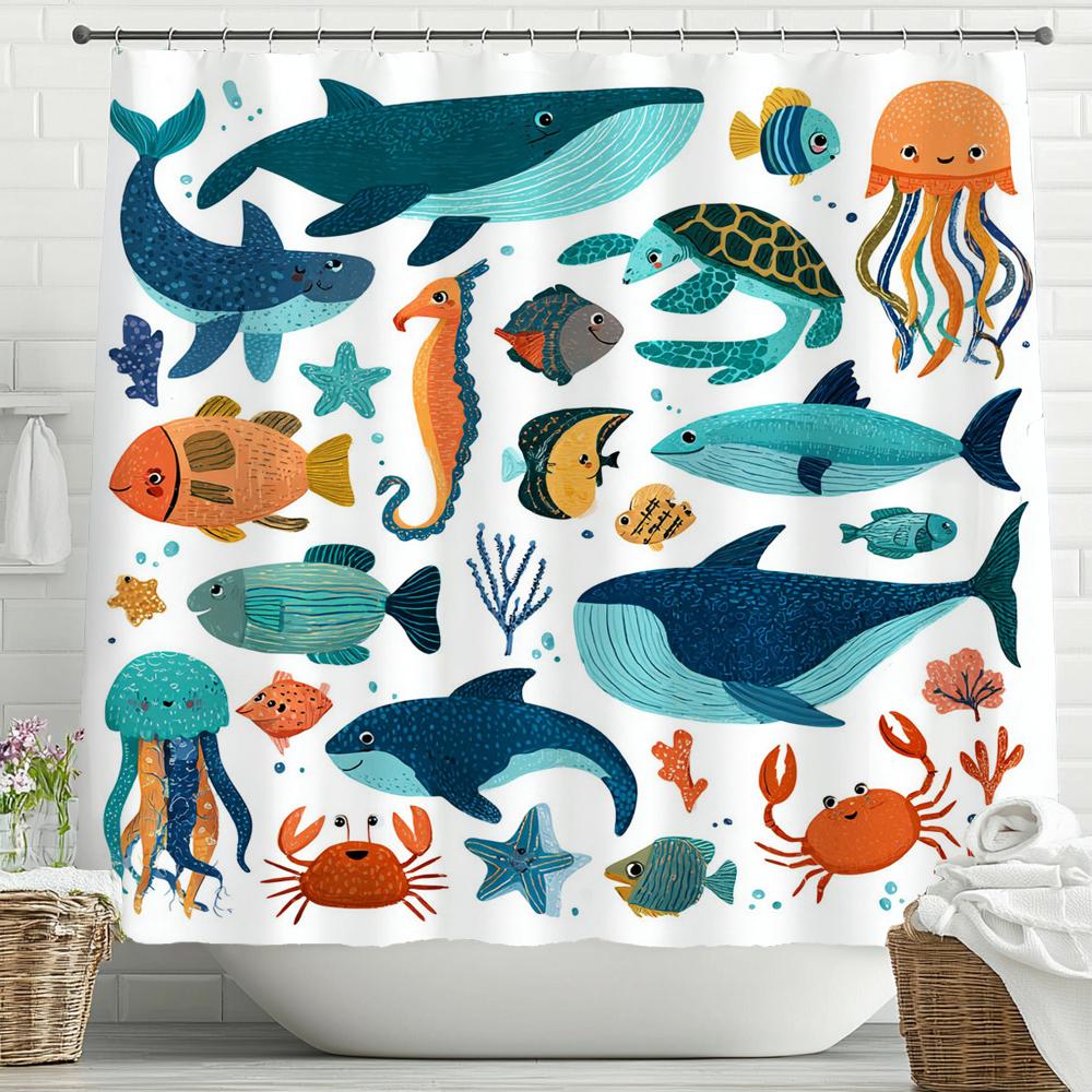 

Cartoon Blue Sea Dolphin Underwater World Printed Shower Curtain, Bathroom Shower Curtain, Home Decorative Curtain With Hooks W60H190(CM)-1 Pcs