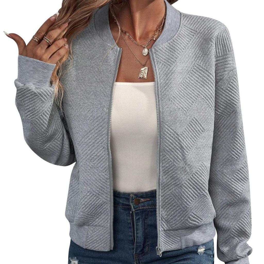 Women's Grey Short Baseball Jacket with Stand Collar, Casual Outerwear for Spring and Fall