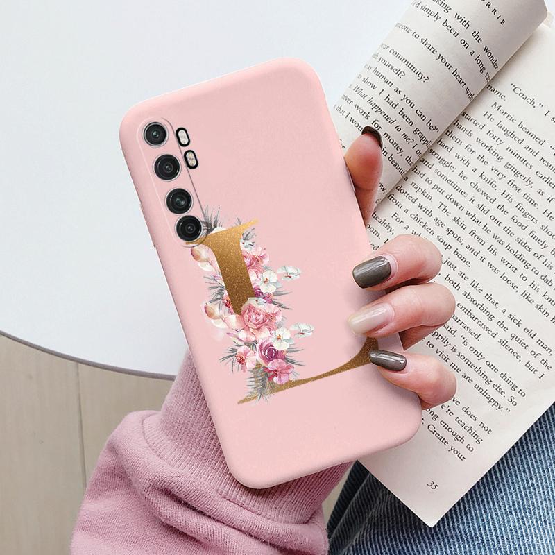 Letter Case For Xiaomi Mi Note 10 Lite Back Cover Retro Flowers Pink Black Soft TPU Initial Fundas For Xiaomi Note10 Lite Coque