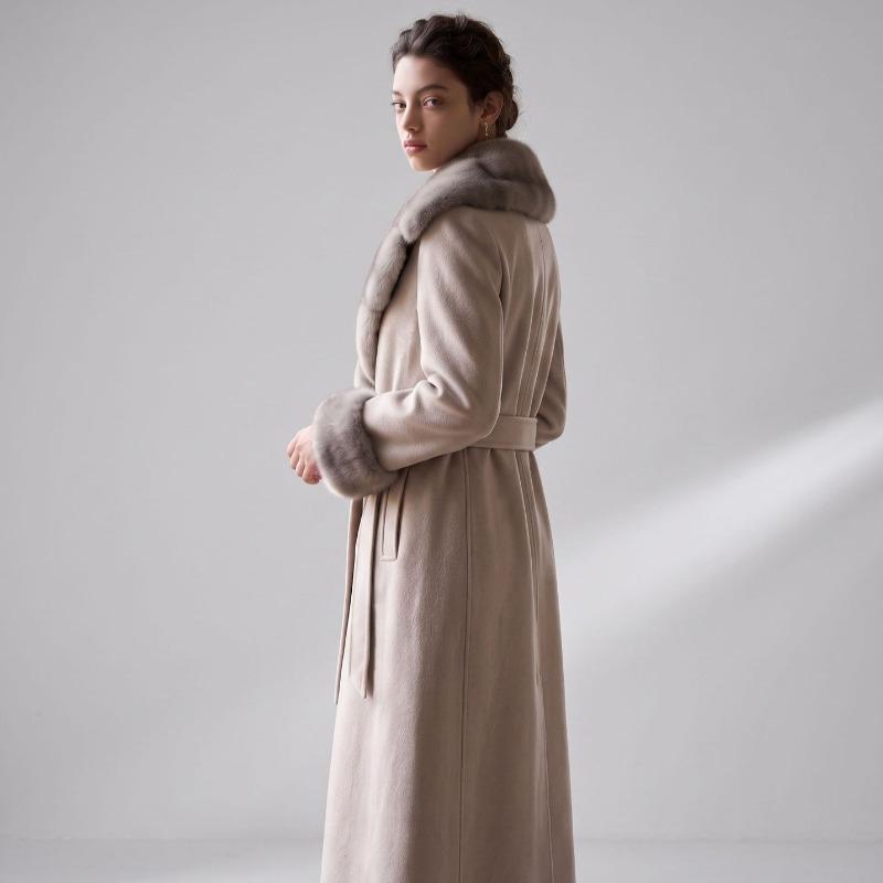 High-end mink fur collar double-sided cashmere coat women's LP wind winter long whole mink woolen splicing coat