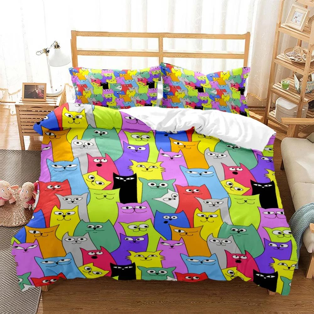 Cute Cat Print Quilt Cover Pillow Cover Bedding Set Luxury Queen Bedding Set Cute Style Customized Boys Bedding Set