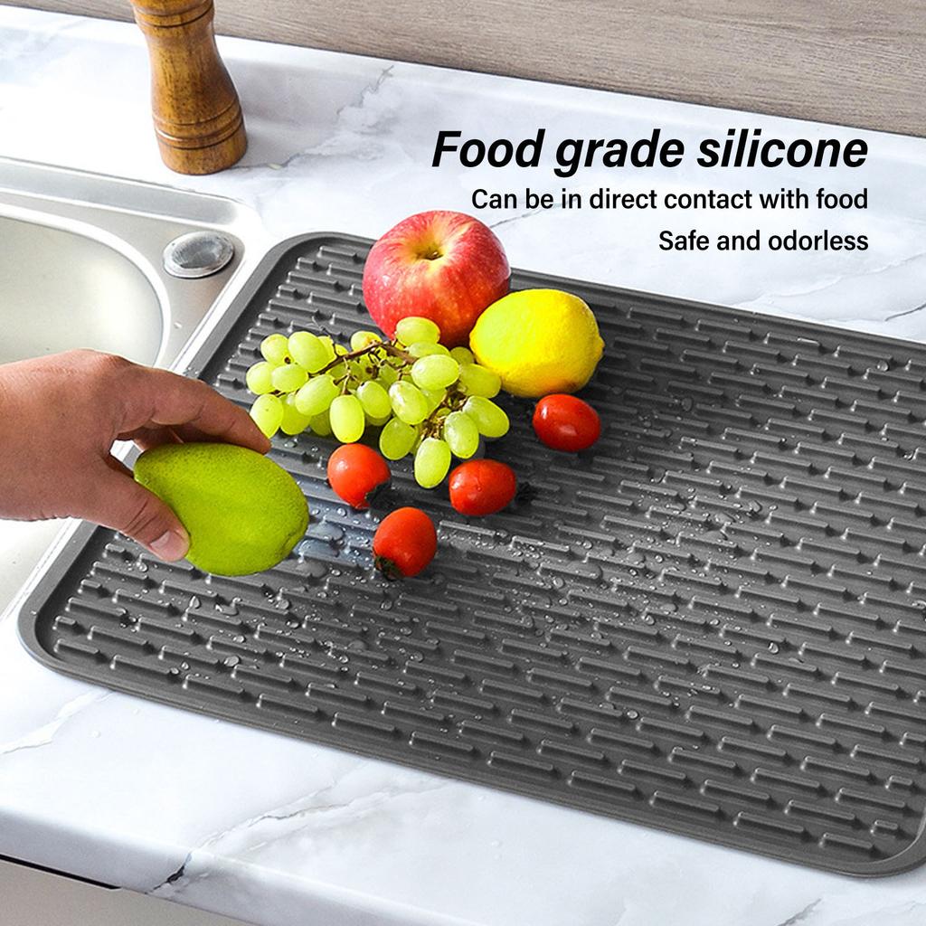 Rectangular Silicone Dish Drying Mat Heat Insulation Anti Slip Dish Drying Mat with Built In Drain Lip for Kitchen Counter Large Size
