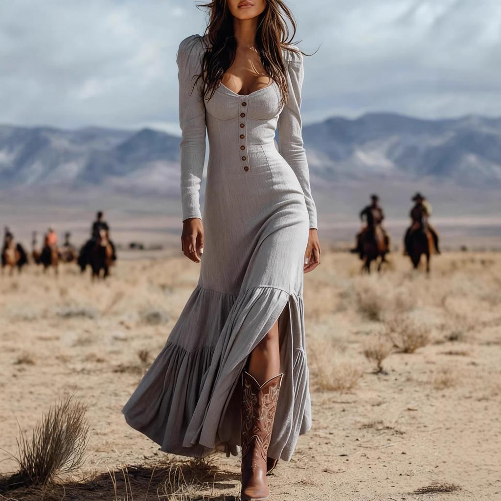 2026 New Women's Vintage Western Style Long Dress with Buttons, Ruched Long Sleeves, Sexy Dress
