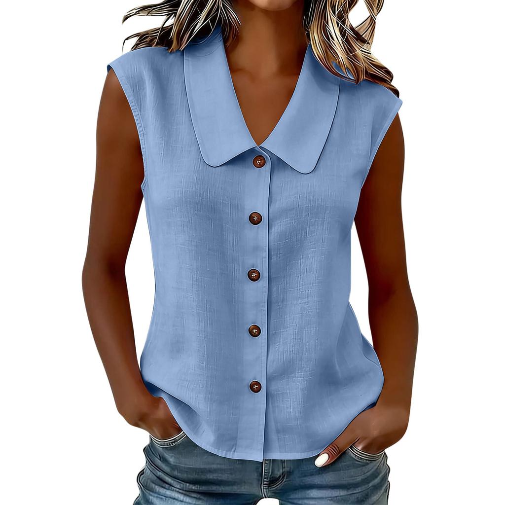 Women's Sleeveless Lapel Shirt Button Front Casual Top Multi Colors