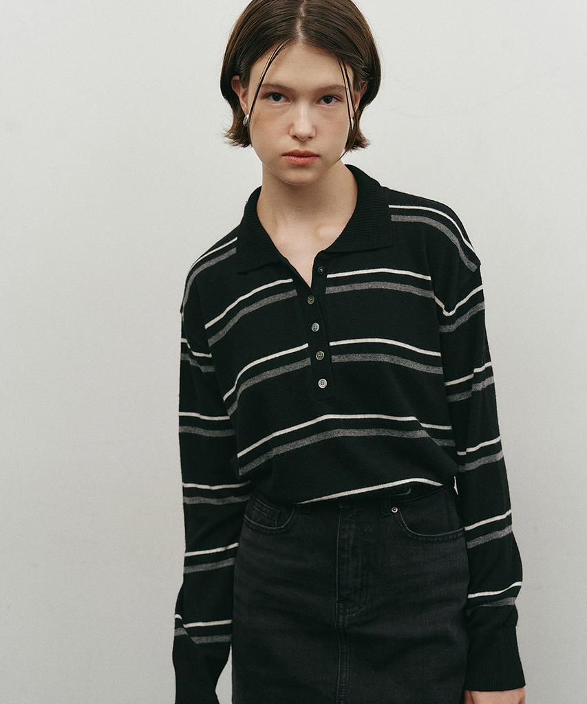 MAKE A TOAST Striped Collar Knit Black Mbefnt003Bk