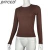 BITCED Women's Long-Sleeved Stretch O-Neck Ribbed T-Shirt Fitted Casual Basic Top