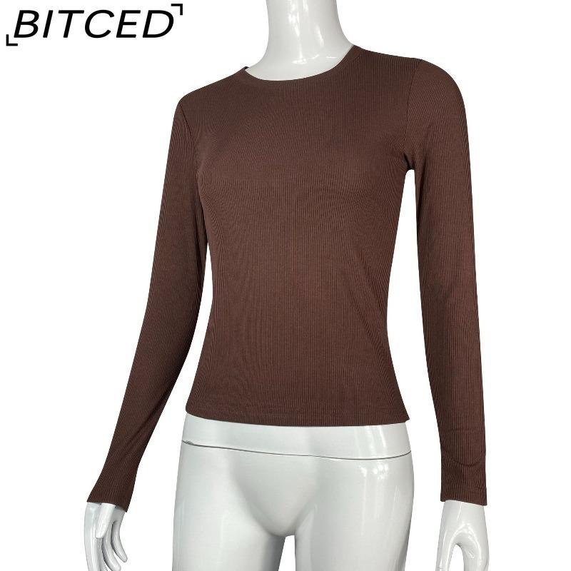BITCED Women's Long-Sleeved Stretch O-Neck Ribbed T-Shirt Fitted Casual Basic Top