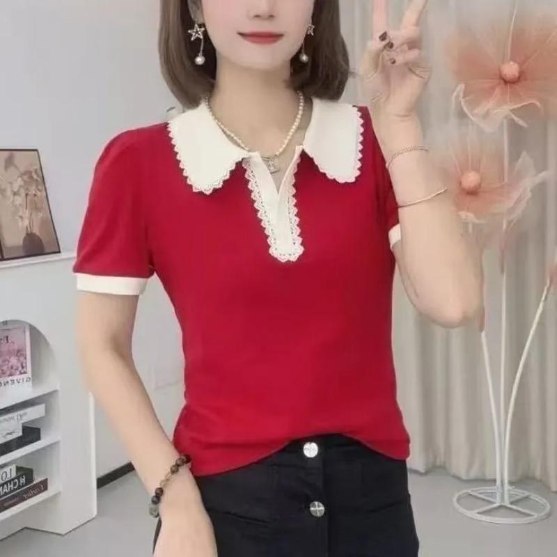 T-shirt a righe da donna estiva con bordi in pizzo, colletto polo, maniche corte, vestibilità slim, top casual
