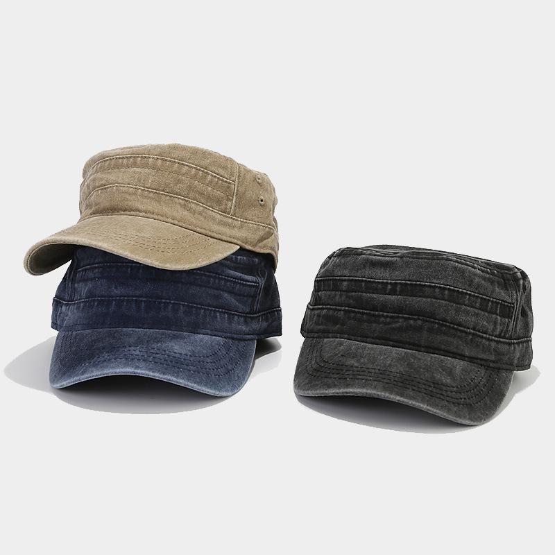 British Navy Retro Washed Vintage Flat Top Baseball Cap Unisex Military Training Short Brim Sunshade Solid Color Plain Hat