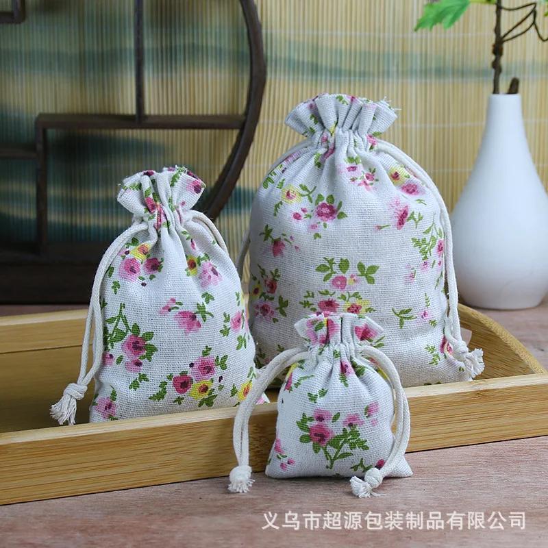 10pcs/lot Linen Drawstring pocket Cute Pattern Printed DIY wedding Candy Storage Bag Travel Makeup Cloth Shoes Sundries Storage
