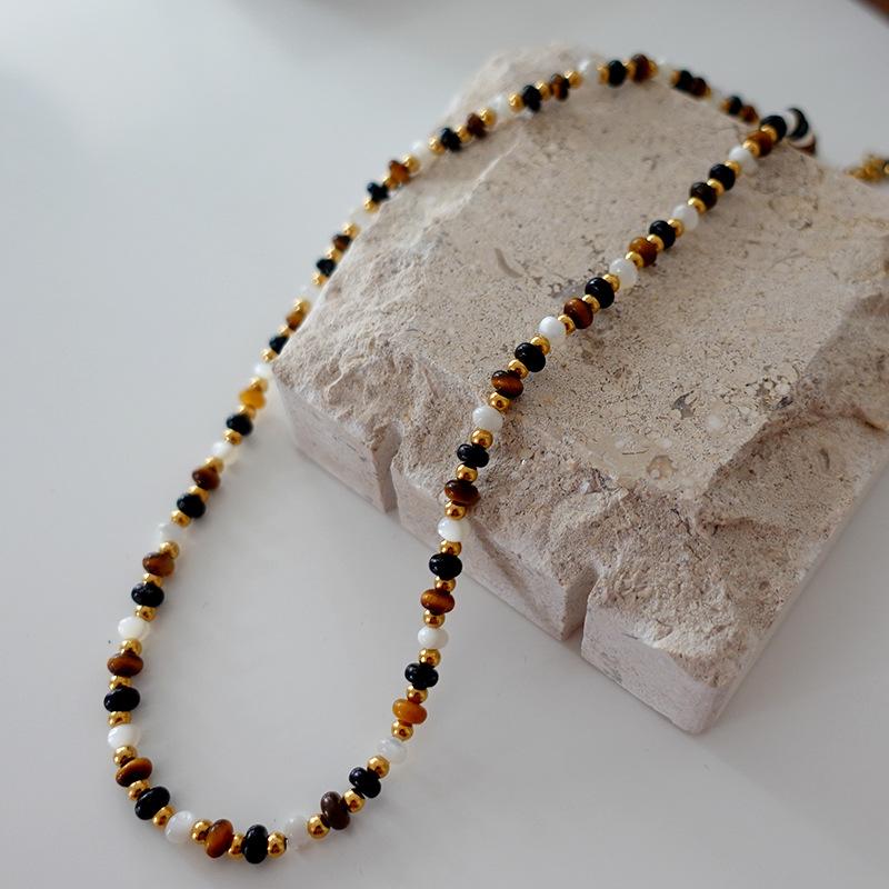 Tiger'S Eye Beaded Halskjede Maillard Oval Premium Genserkjede Titanium Stål Vintage Coffee Naturstein Clavicle Chain
