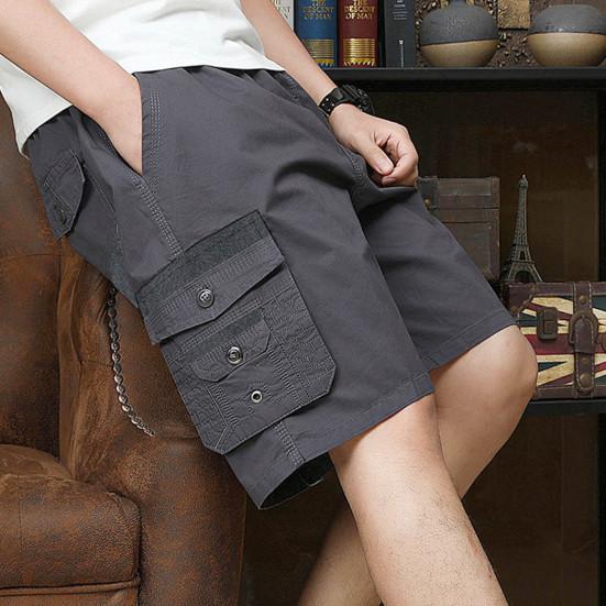 Summer Men Casual Shorts Loose Elastic Waist Adjustable Drawstring Multi-Pockets Short Pants Middle-aged Male Knee Length Sports Trousers