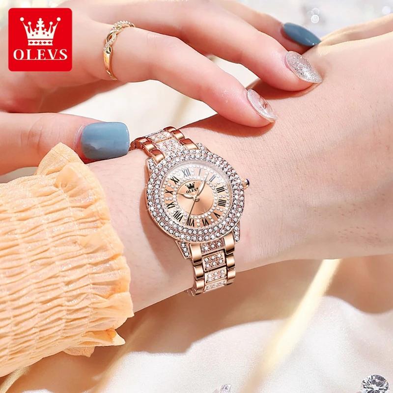 OLEVS Women's Watches Fashion Original Quartz Wrist Watch for Ladies Roman Dial Dazzling Diamond Waterproof Luminous Luxury New