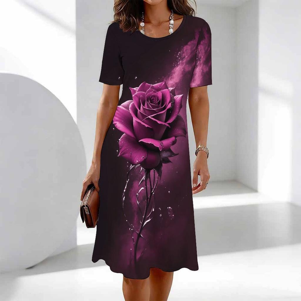 Women's Fashion Graceful Beautiful Colorful Flowers Grass Colorful Flowers and Small Grass Print Summer Spring Short Sleeve O-Neck Casual Dresses
