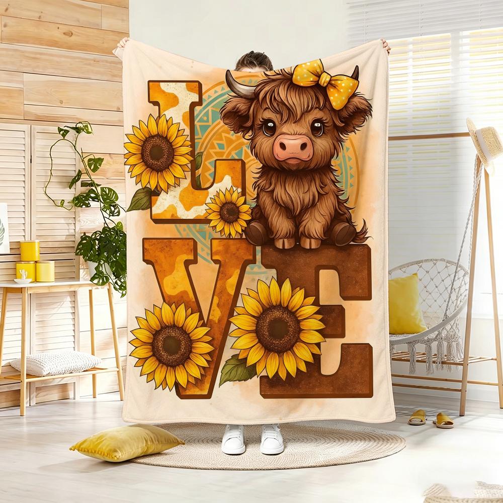 Cute Cartoon Highland Cow Throw Lightweight 240g Flannel Blanket Soft Skin-friendly for Summer Cooling