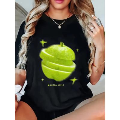 Women Casual Loose T Shirt Black Green Apple Slice Print With Stars And Text Graphic Tee For Daily Wear And Street Style