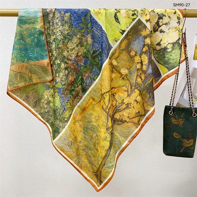 Double-Sided Faux Silk And Wool Printed Scarf For Women Spring And Autumn 90Cm Square Scarf Foulard Bandana Femmel Headscarf