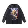 European And American High Street Spoof Print Vintage Hip Hop Retro Wind Wash Water Round Neck Long Sleeve Bottoming T-Shirt Men And Women