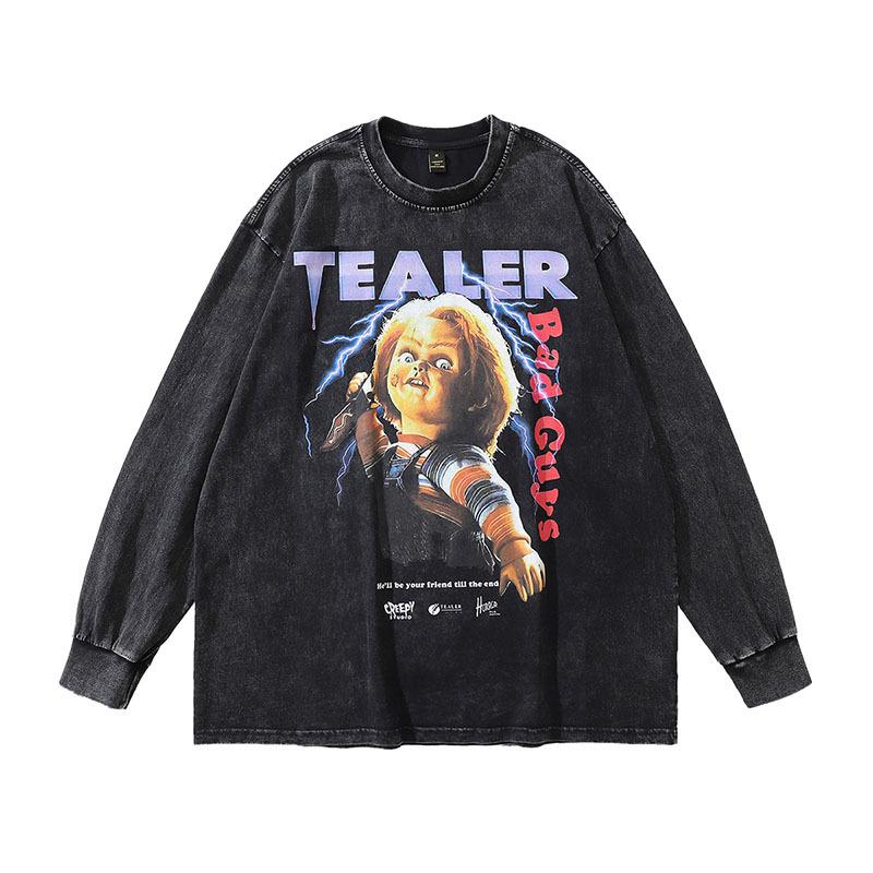 European And American High Street Spoof Print Vintage Hip Hop Retro Wind Wash Water Round Neck Long Sleeve Bottoming T-Shirt Men And Women