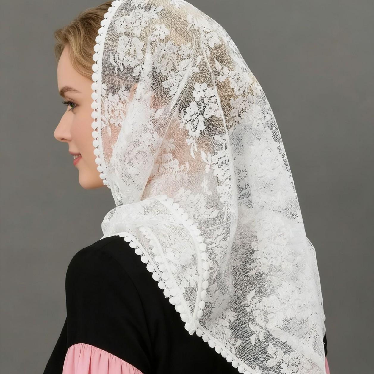 Soft Mantilla Veils for Women Lace Infinity Veil Mantilla Latin Infinity Chapel Veil Latin Mass Head Covering Lace Scarf Mantilla Veils for Church белый