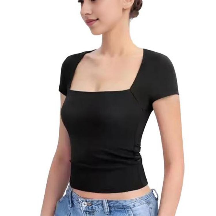 Summer Women T Shirt Streetwear Short Sleeve Square Collar Slim Fit Solid Color Pullover Top