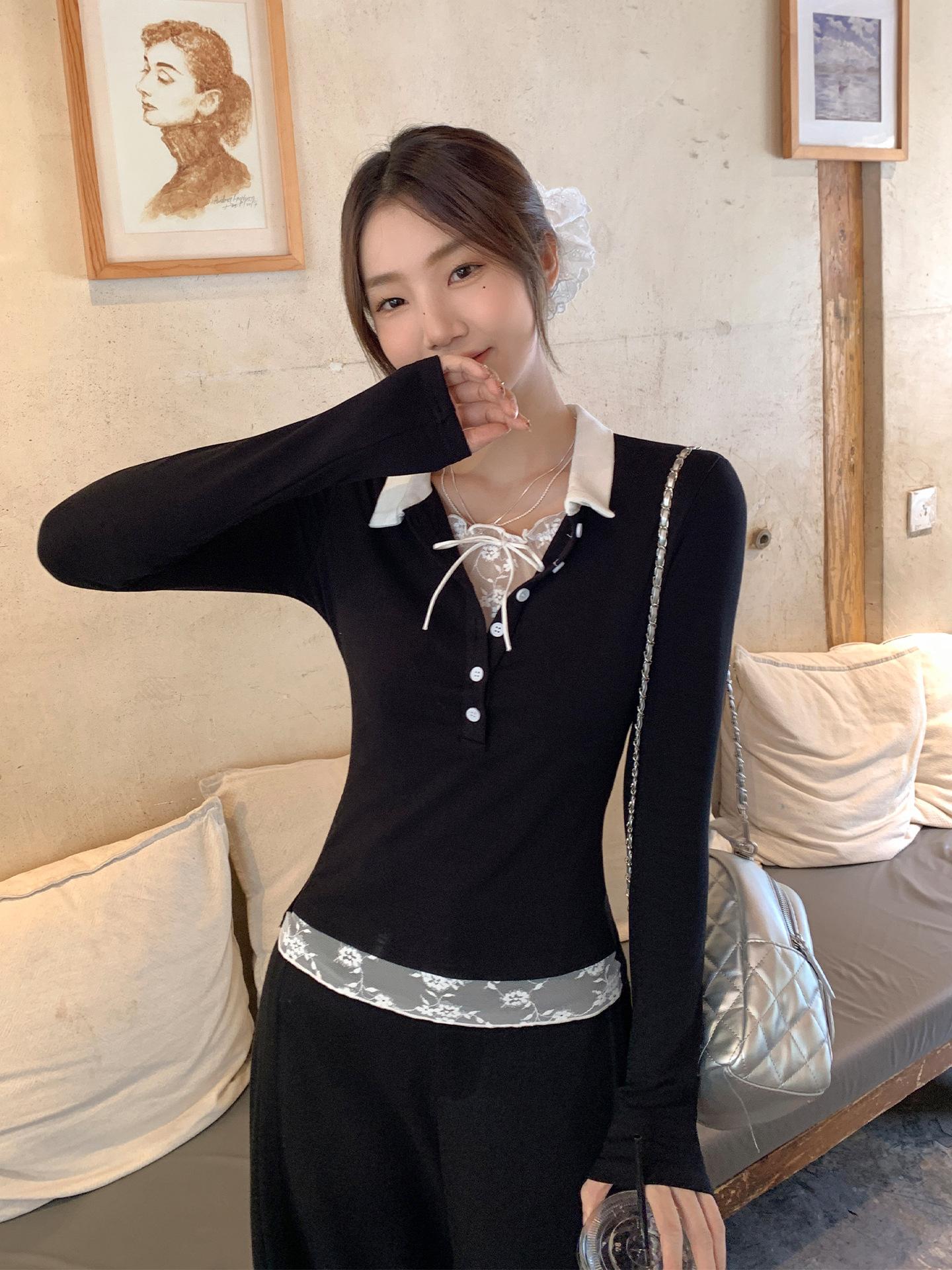 

Korean beautiful design sense polo collar lace splicing strap button long sleeve T-shirt women s autumn thin short top S
