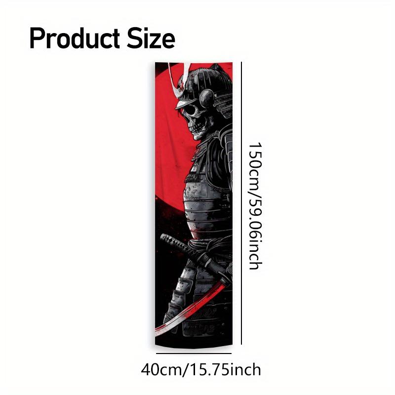 Skeleton Samurai Long Tapestry, Red Sun Black Armor Print Wall Hanging, Bushido Samurai Themed Decor For Bedroom & Living Room