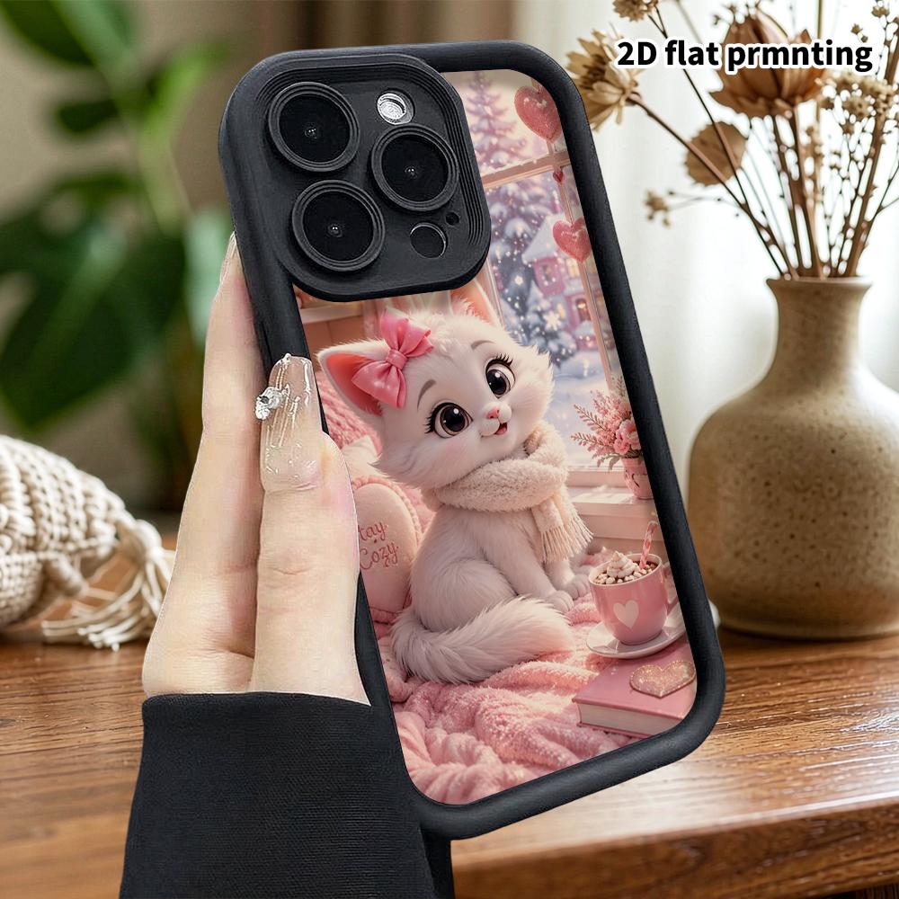 Phone Case: 2D Flat Design Suitable for iPhone 18, 17, 16, 15, 14, 13 Pro Stepped Protective Case, Little White Cat by the Winter Window, Christmas an