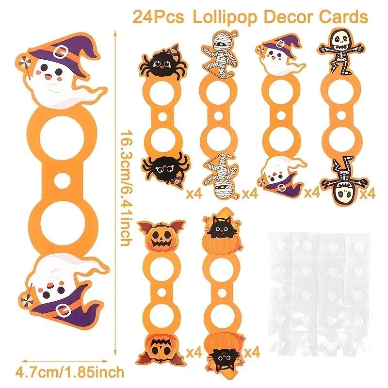 24pcs Halloween Lollipop Paper Card Cute Spider Mummy Ghost Pumpkin Skeleton Candy Holder Tags for Party Decor Supplies