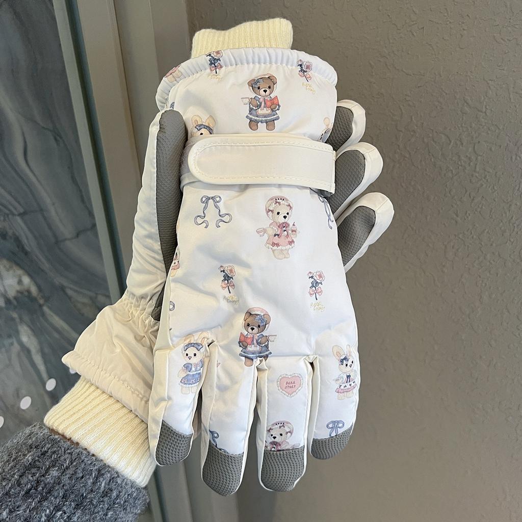 White Cute Bear Ski Gloves Winter Women's Warm and Velvet Thickened Outdoor Windproof and Cold Proof Riding Touch Screen Trend