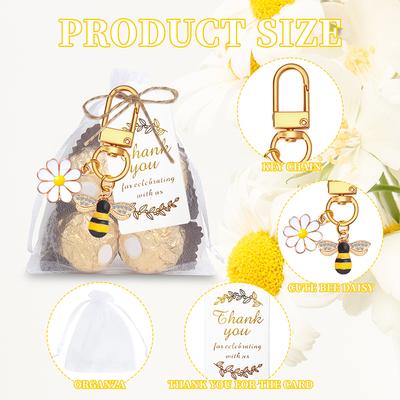 10 Zestaw Brelok Kwiatek Pszczoła Upominki na Przyjęcie Brelok z Kraftowymi Etykietkami Woreczek z Organzy Dla Gości Pamiątka Baby Shower Ślub