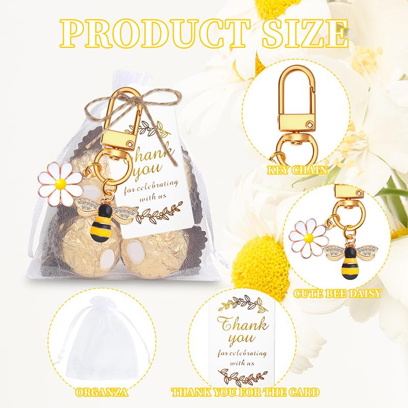 10 Set Bee Flower Keychain Party Favors Set Keyring With Kraft Tags Organza Bag For Guests Souvenir Baby Shower Wedding