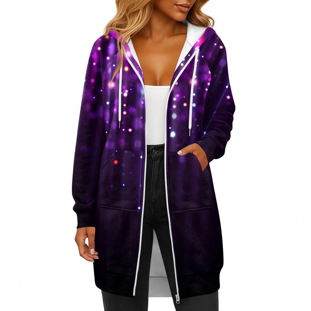 Women's Fashionable Christmas Printed Long Sleeved Drawstring Hooded Zipper Pocket Long Casual Sweatshirt Jacket