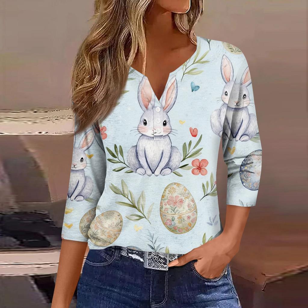 Women's Fashion Casual Easter Printed V-neck Short Sleeve Decorative Button Seven Sleeve T-shirt Top