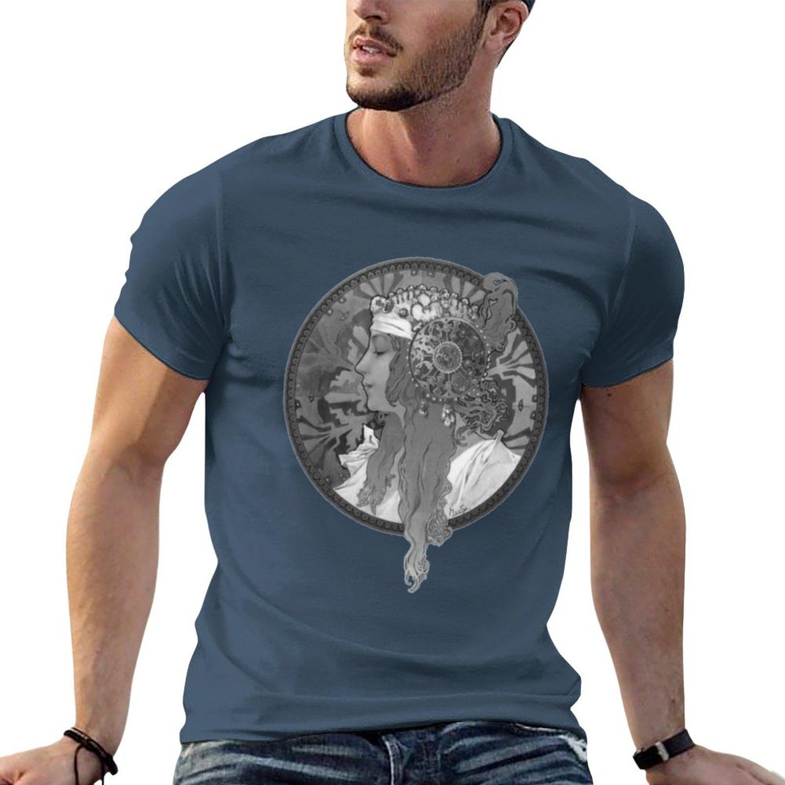 Alphonse Mucha Design Black White Tshirt Cotton T Shirt Unisex Anime T Shirts For Unisex T Shirts For Unisex Graphic Vintage Tshirt S