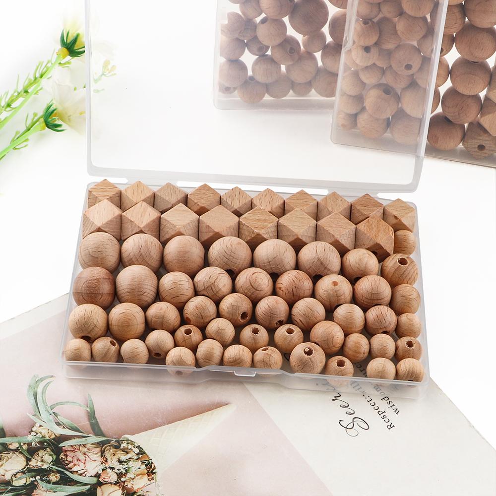66 Stück/Karton Buchenholzperlen lose rund sechseckig für Schmuckherstellung DIY Halskette Armband Schlüsselanhänger Herstellungszubehör